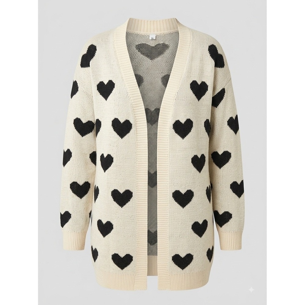 Oversized Cream Whimsical Black Heart Print Open Front Knit Cardigan Sweater XL